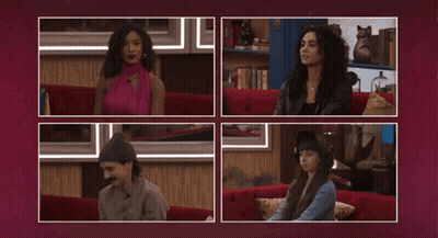 Four People Sitting On Red Couch GIF