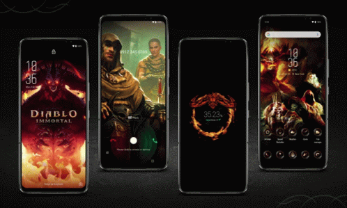 Four Phones With Diablo Immortal On Them GIF