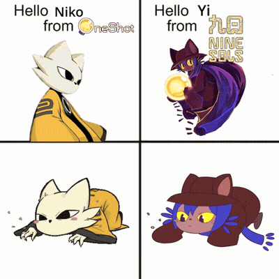 Four Pictures Of A Cat With The Words Hello Niko From Oneshot And Hello Yi From Nine Souls GIF