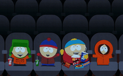 Four South Park Characters Are Sitting In A Movie Theater GIF