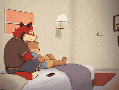 Fox And Bear Hugging On Bed GIF