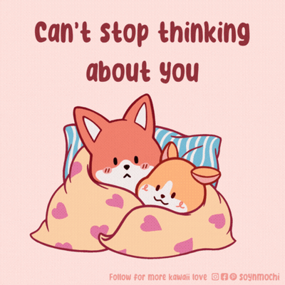 Fox And Corgi Sleeping Under Blanket Saying Can't Stop Thinking About You GIF