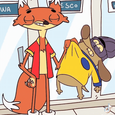 Fox And Dog Standing By Esco Sign GIF