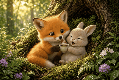 Fox And Rabbit Sitting Under Tree Drinking From Cup GIF