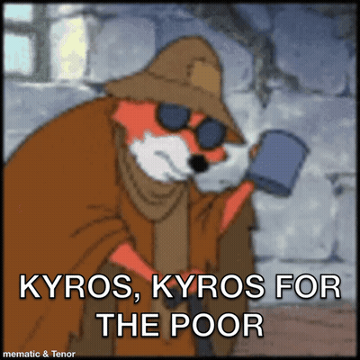Fox Holding Mug Saying Kyros Kyros For The Poor GIF