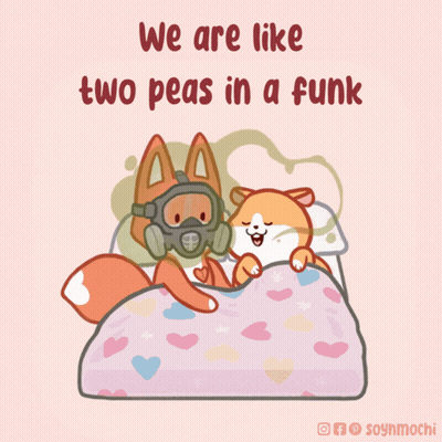 Fox In Gas Mask And Dog Laying On Bed GIF