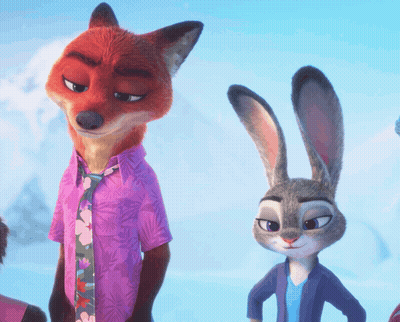 Fox In Purple Shirt And Tie Next To Rabbit GIF