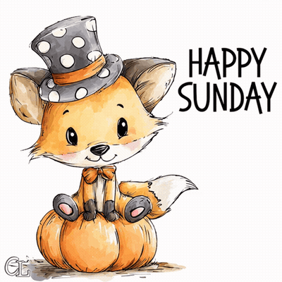 Fox in Top Hat and Bow Tie on Pumpkin Saying Happy Sunday