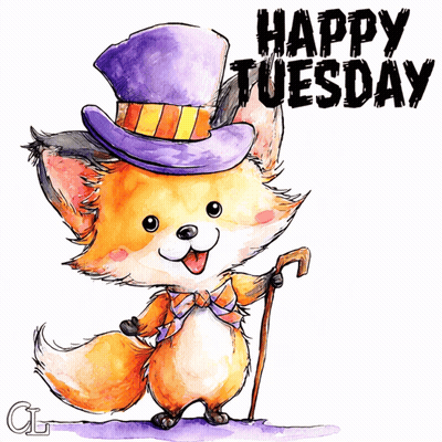 Fox In Top Hat Holding Cane Saying Happy Tuesday GIF