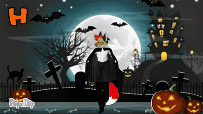 Fox In Vampire Costume In Cemetery With Pumpkins And Bats GIF