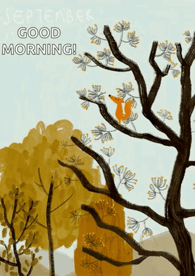 Fox Sitting On Tree Branch Saying September Good Morning GIF