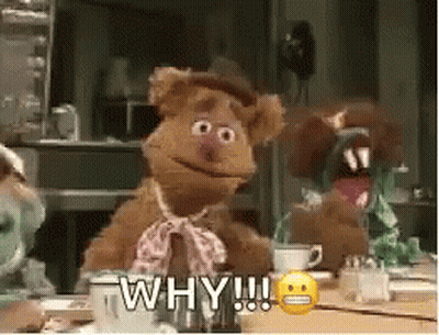 Fozzie Bear Is Sitting At A Table With A Smiley Face And The Words Why !!! GIF