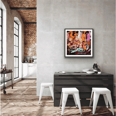 Framed Painting Hangs Above Table GIF