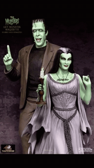 Frankenstein Statue With Lily Munster GIF