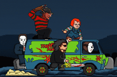 Freddy Krueger Chucky Jason Voorhees On Mystery Machine Van GIF
