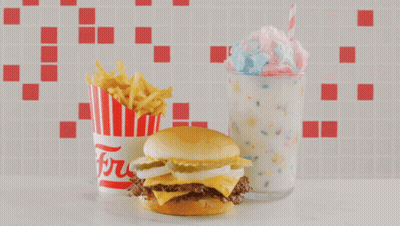 Freddy's Birthday Cake Shake Ad With Burger Fries And Milkshake GIF
