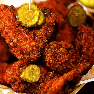 Fried Chicken With Pickles On A Stick In A Basket GIF
