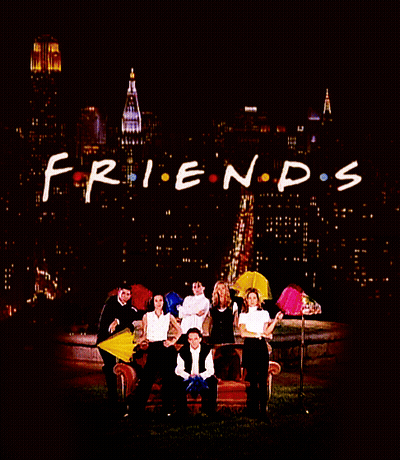 Friends Holding Umbrellas In Front Of City Skyline GIF