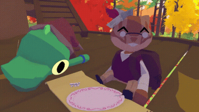 Frog And Bear Sitting At Table With Plate GIF