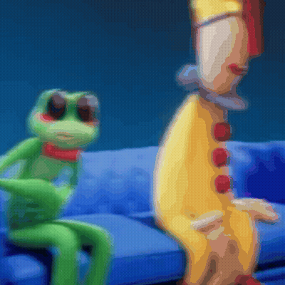 Frog And Clown Sitting On Couch GIF