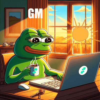 Frog At Desk With Laptop And Coffee Saying Gm GIF