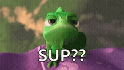 Frog From Tangled Sitting On Purple Surface Saying Sup GIF