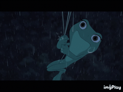 Frog Hanging From Rope In Rain GIF