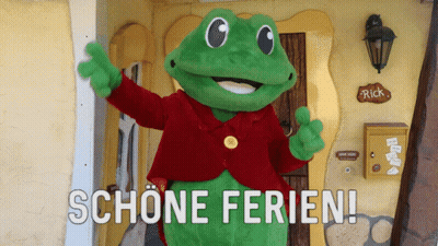 Frog Mascot Says Schöne Ferien At Rick's Mailbox GIF