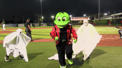 Frog Mascot Walking With Two Ghosts At Night GIF