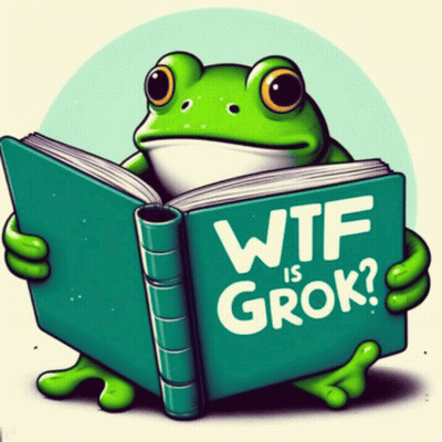Frog Reading Book Saying WTF Is Grok GIF