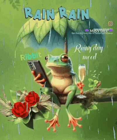 Frog Sitting Under Umbrella Holding Phone And Champagne GIF