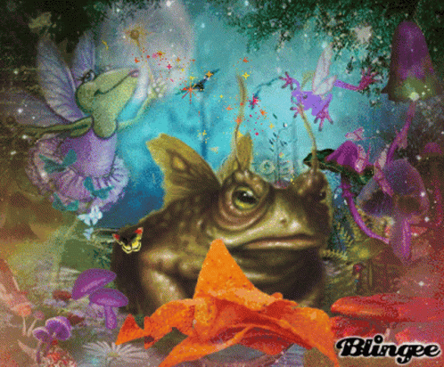 Frog Surrounded By Fairies And Mushrooms Blingee GIF