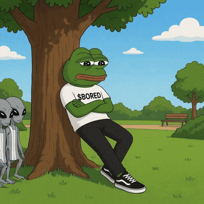 Frog Wearing Bored Shirt Sitting Under Tree GIF
