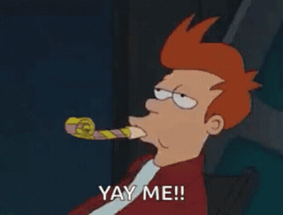 Fry From Futurama Is Blowing A Party Horn And Saying `` Yay Me '' . GIF