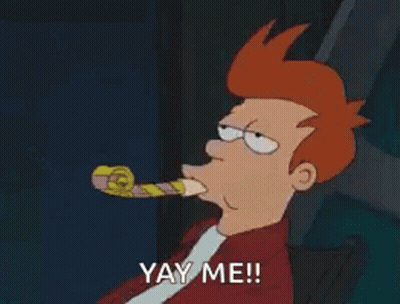 Fry From Futurama Is Blowing A Party Horn And Saying Yay Me . GIF