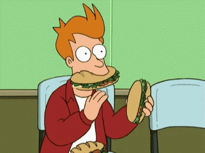 Fry From Futurama Is Eating A Sandwich With His Mouth Open GIF