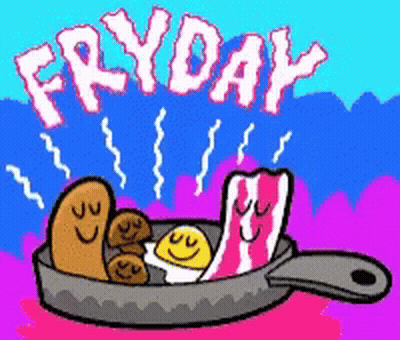 Fryday Sign With Eggs Bacon And Sausage In Pan GIF