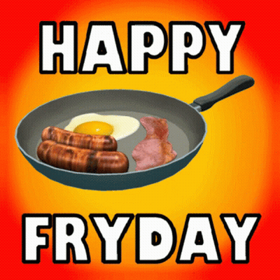 Frying Pan With Eggs Sausages And Bacon Saying Happy Fryday GIF