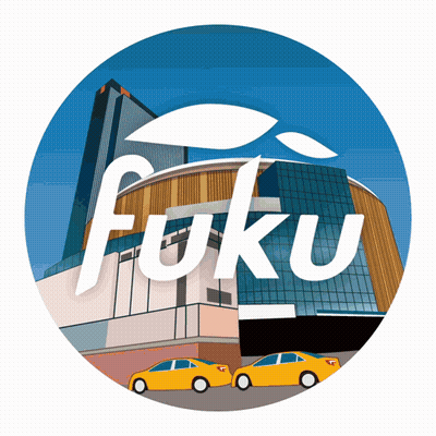 Fuku Logo With Building And Cars GIF