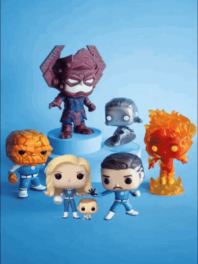 Funko Pop Fantastic Four Figures On Blue Background GIF