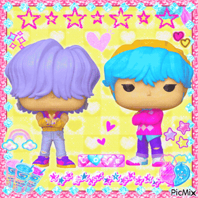 Funko Pop Figures Standing Together On Yellow Background GIF