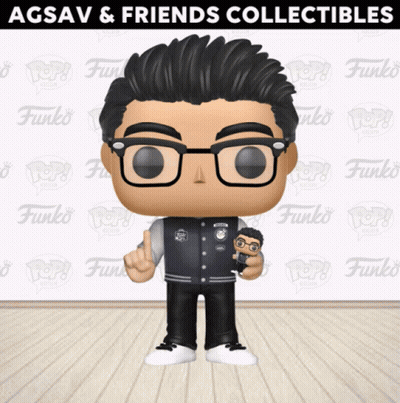 Funko Pop Man With Glasses Holding Smaller Funko Pop GIF
