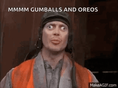 Funny Face Helmeted Orange Vest Talks Gumballs Oreos GIF