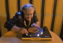 Funny Old Woman Playing Waffle DJ Turntable GIF
