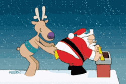 Funny Xmas Cartoon Reindeer Measuring Santa's Bum GIF