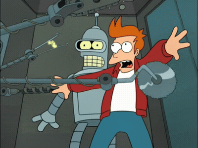 Futurama Characters Fry And Bender Are Standing In Front Of A Machine With The Number 7 On It GIF