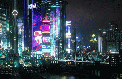 Futuristic City At Night With Oxoworld Sign GIF