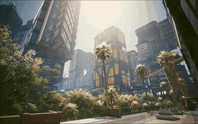 Futuristic City With Buildings And Trees Saying GT GIF