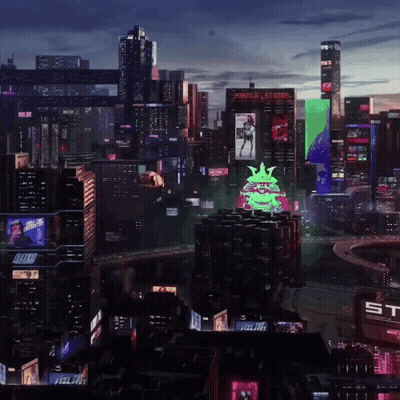 Futuristic City With Music Studios Sign GIF