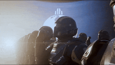 Futuristic Soldiers Standing In Front Of Globe GIF